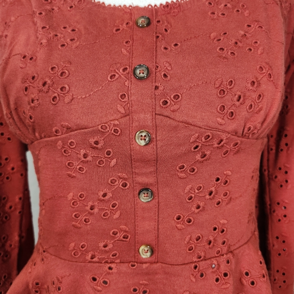 ASOS Rust Eyelet Button-Up Peplum Blouse - Picture 3 of 10